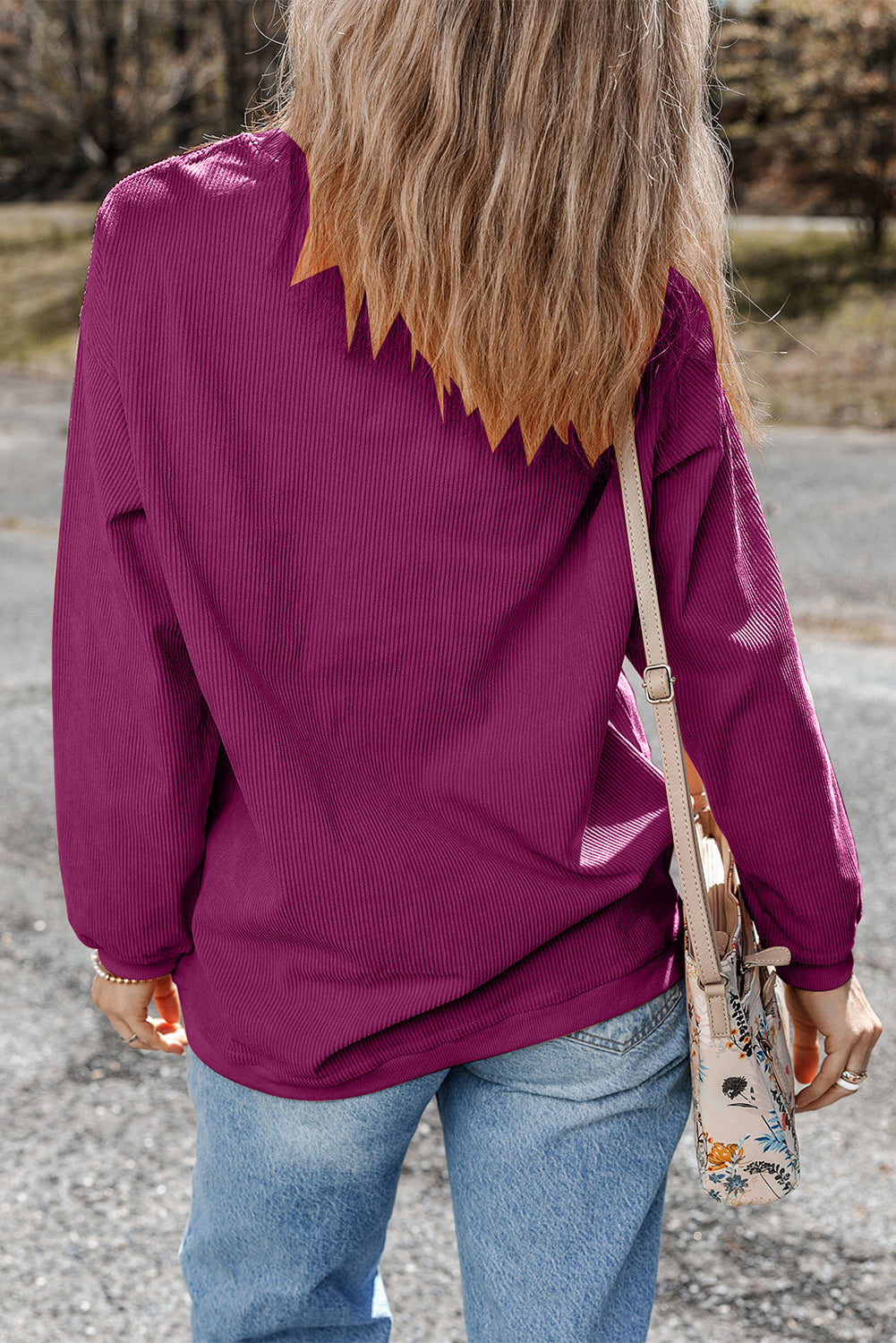White Ribbed Corduroy Oversized Sweatshirt - FESTIVAL FUCHSIA / S / 100% POLYESTER - Tops/Sweatshirts & Hoodies