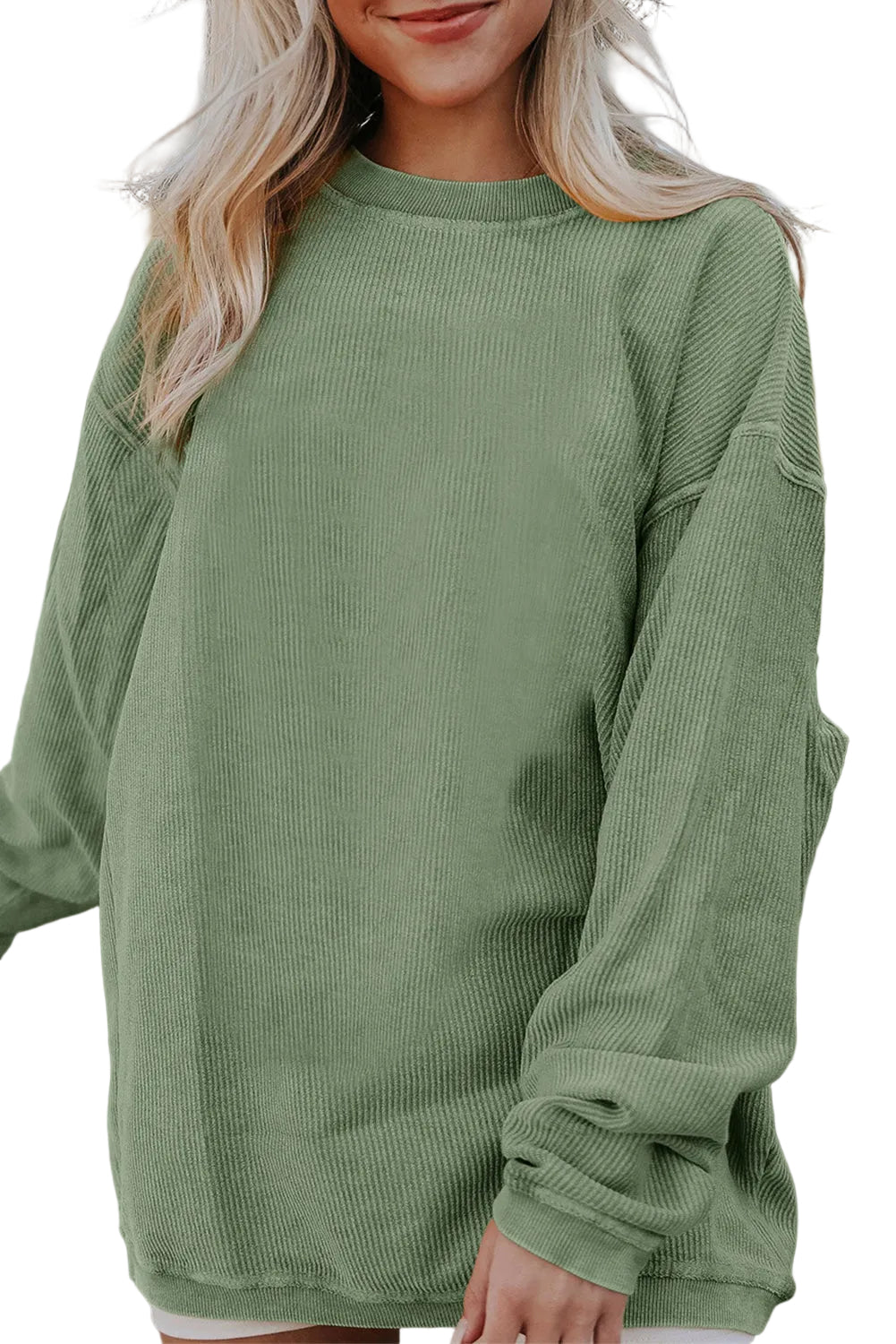 White Ribbed Corduroy Oversized Sweatshirt - GRASS GREEN / S / 100% POLYESTER - Tops/Sweatshirts & Hoodies