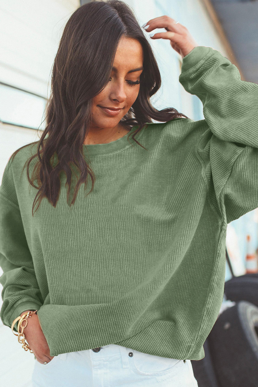 White Ribbed Corduroy Oversized Sweatshirt - Tops/Sweatshirts & Hoodies