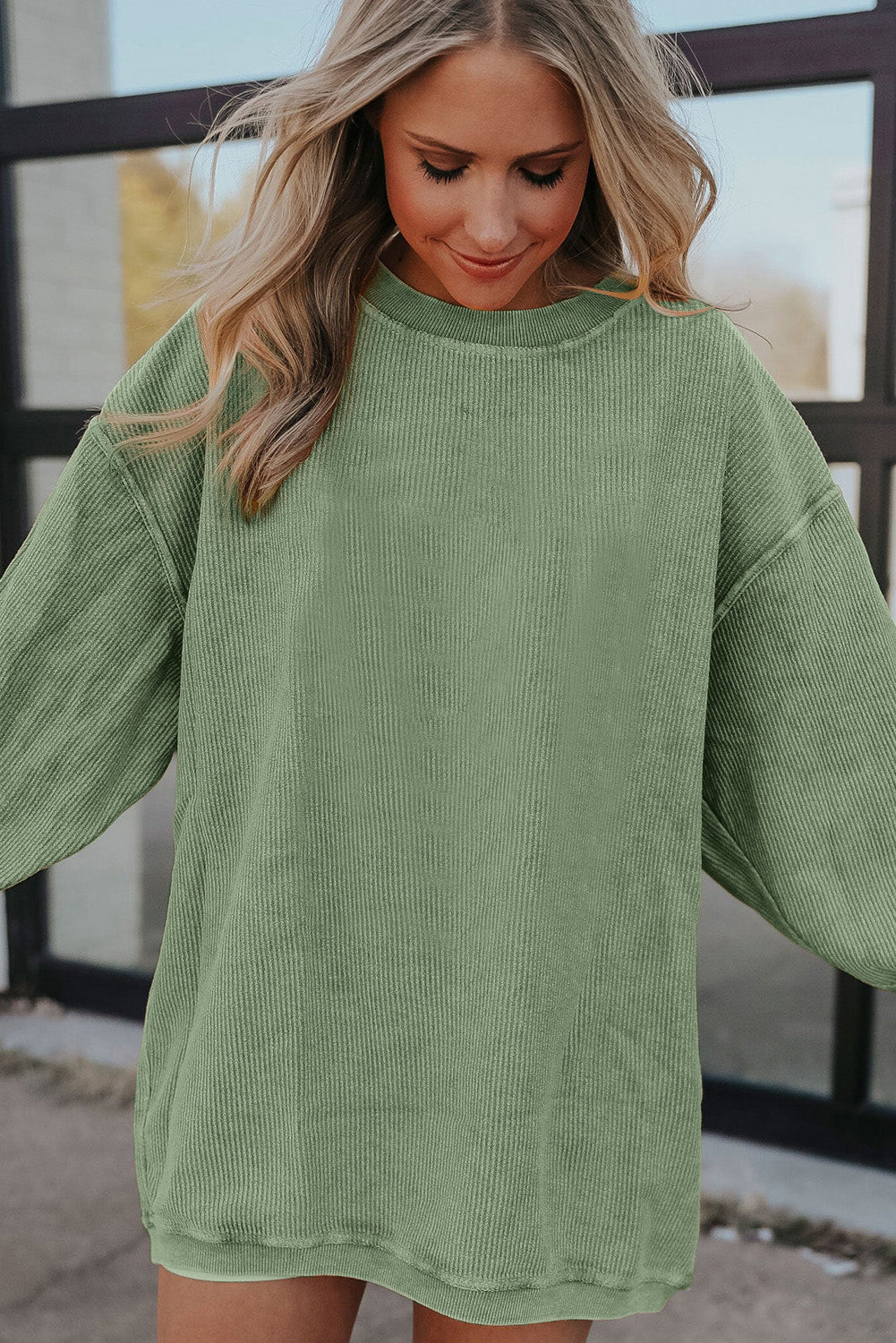 White Ribbed Corduroy Oversized Sweatshirt - Tops/Sweatshirts & Hoodies