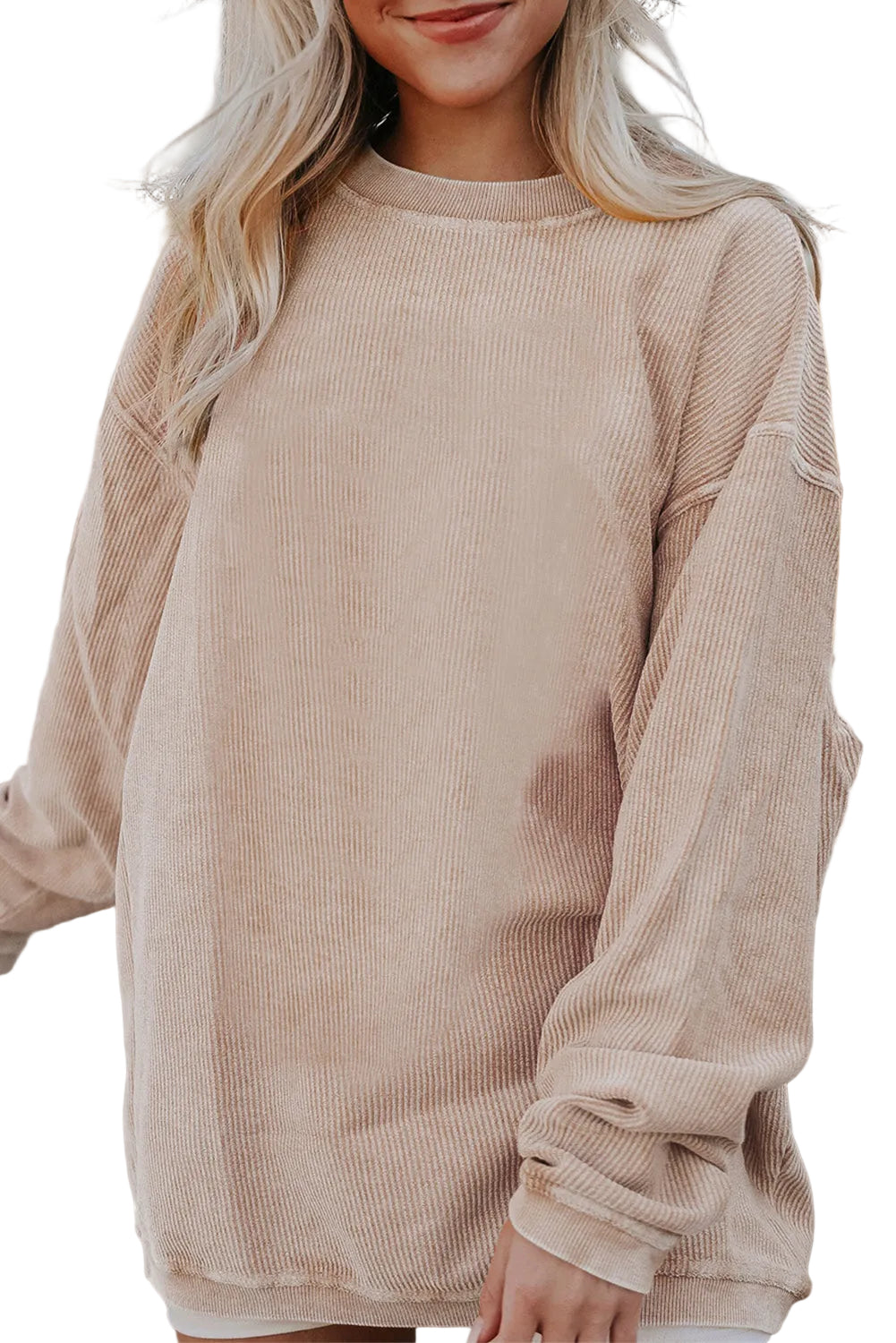 White Ribbed Corduroy Oversized Sweatshirt - APRICOT / S / 100% POLYESTER - Tops/Sweatshirts & Hoodies
