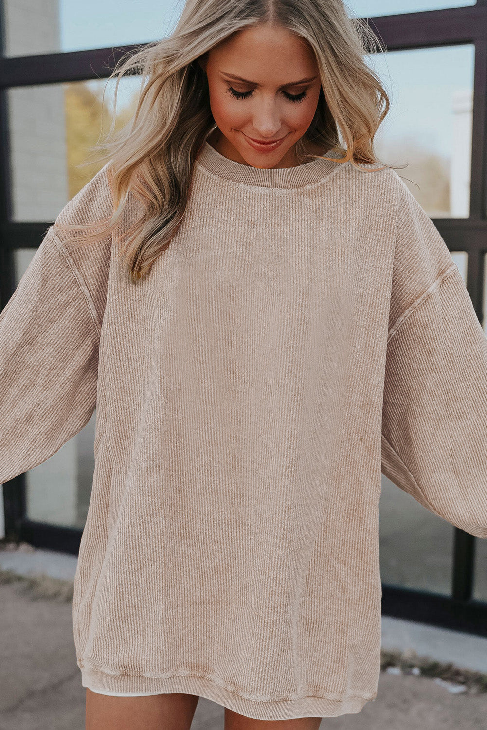White Ribbed Corduroy Oversized Sweatshirt - Tops/Sweatshirts & Hoodies