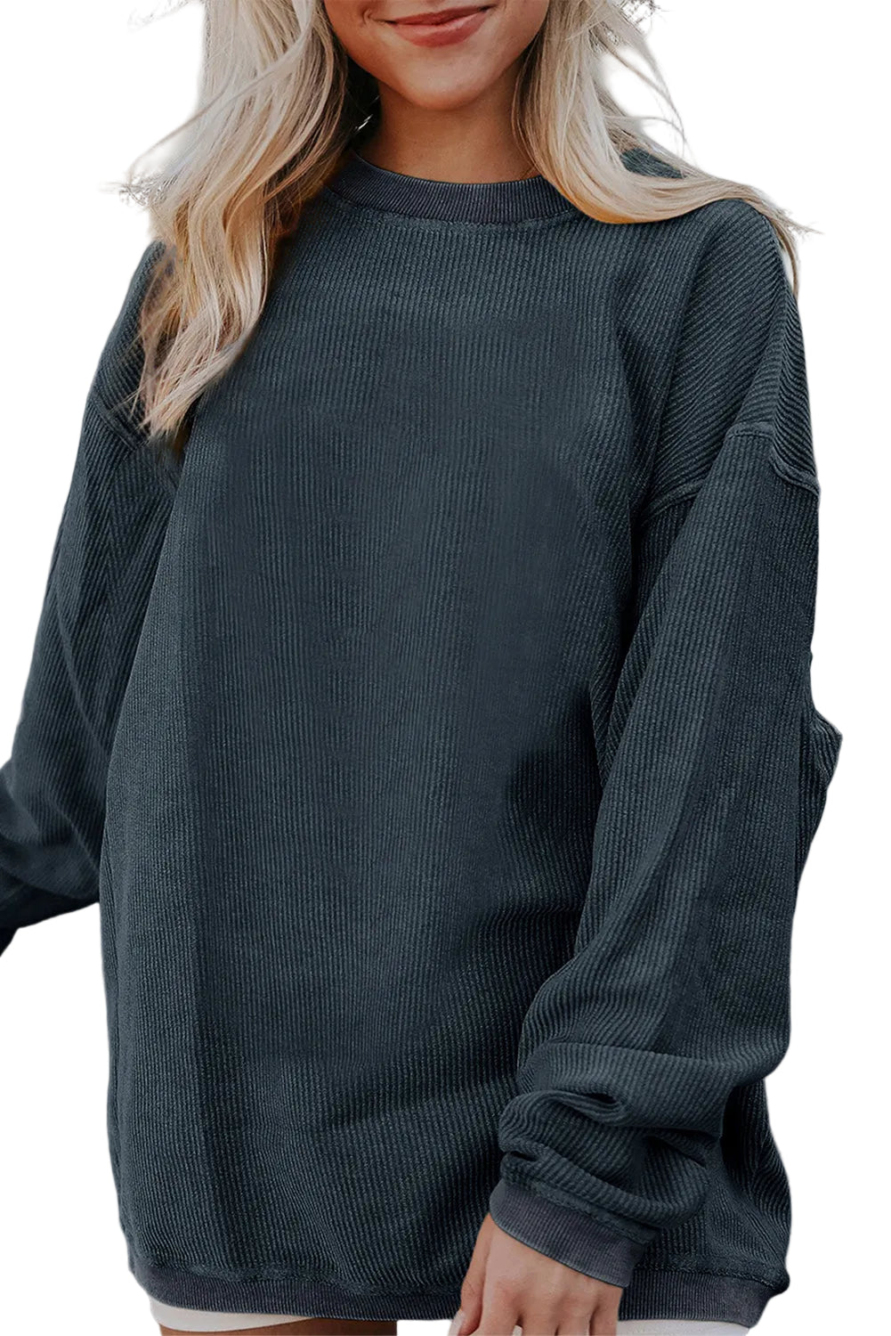 White Ribbed Corduroy Oversized Sweatshirt - DARK GREY / S / 100% POLYESTER - Tops/Sweatshirts & Hoodies