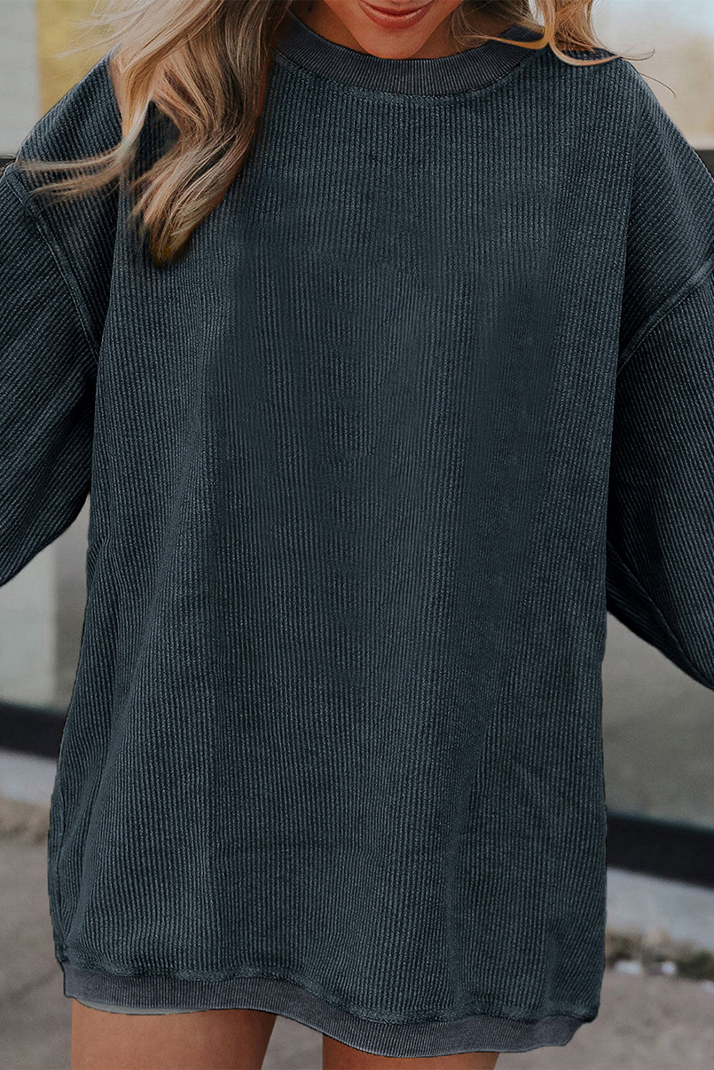 White Ribbed Corduroy Oversized Sweatshirt - Tops/Sweatshirts & Hoodies
