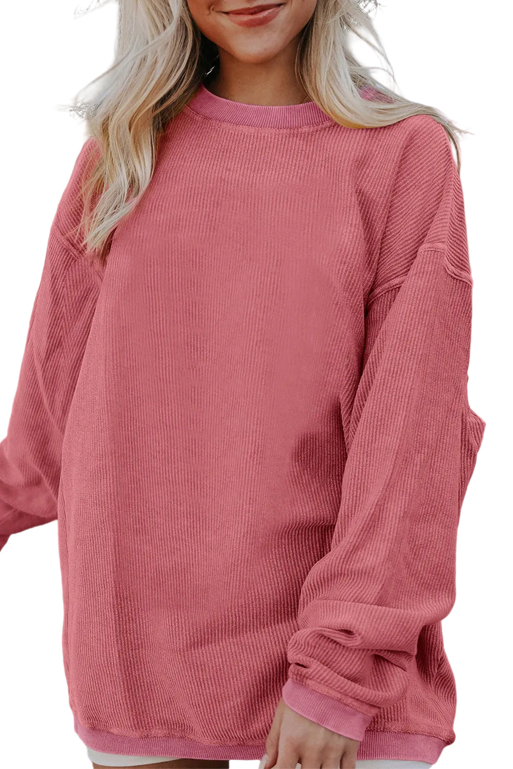 White Ribbed Corduroy Oversized Sweatshirt - STRAWBERRY PINK / S / 100% POLYESTER - Tops/Sweatshirts & Hoodies