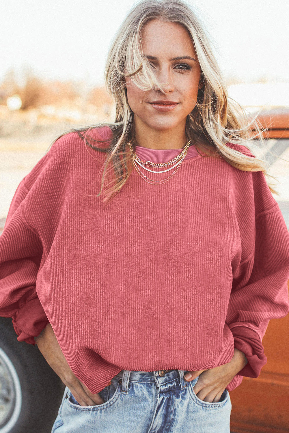 White Ribbed Corduroy Oversized Sweatshirt - Tops/Sweatshirts & Hoodies