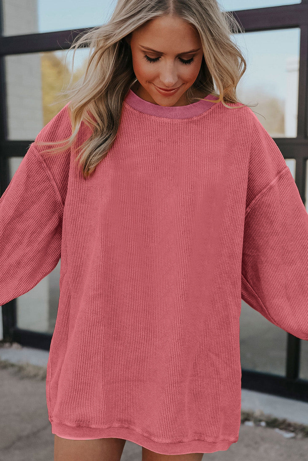 White Ribbed Corduroy Oversized Sweatshirt - Tops/Sweatshirts & Hoodies