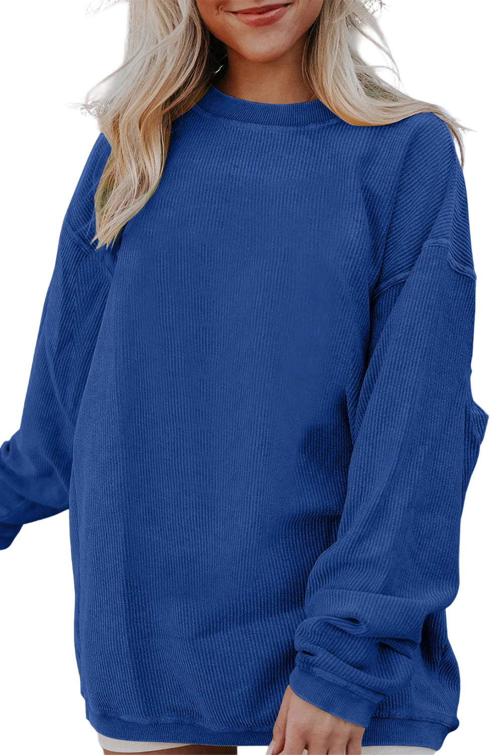 White Ribbed Corduroy Oversized Sweatshirt - DARK BLUE / S / 100% POLYESTER - Tops/Sweatshirts & Hoodies