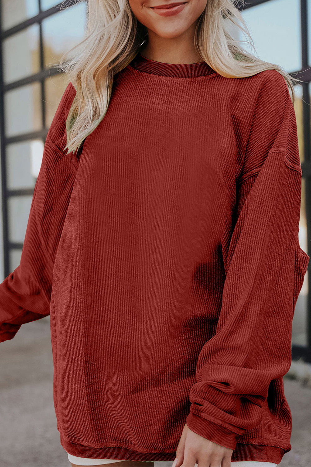 White Ribbed Corduroy Oversized Sweatshirt - RACING RED / S / 100% POLYESTER - Tops/Sweatshirts & Hoodies