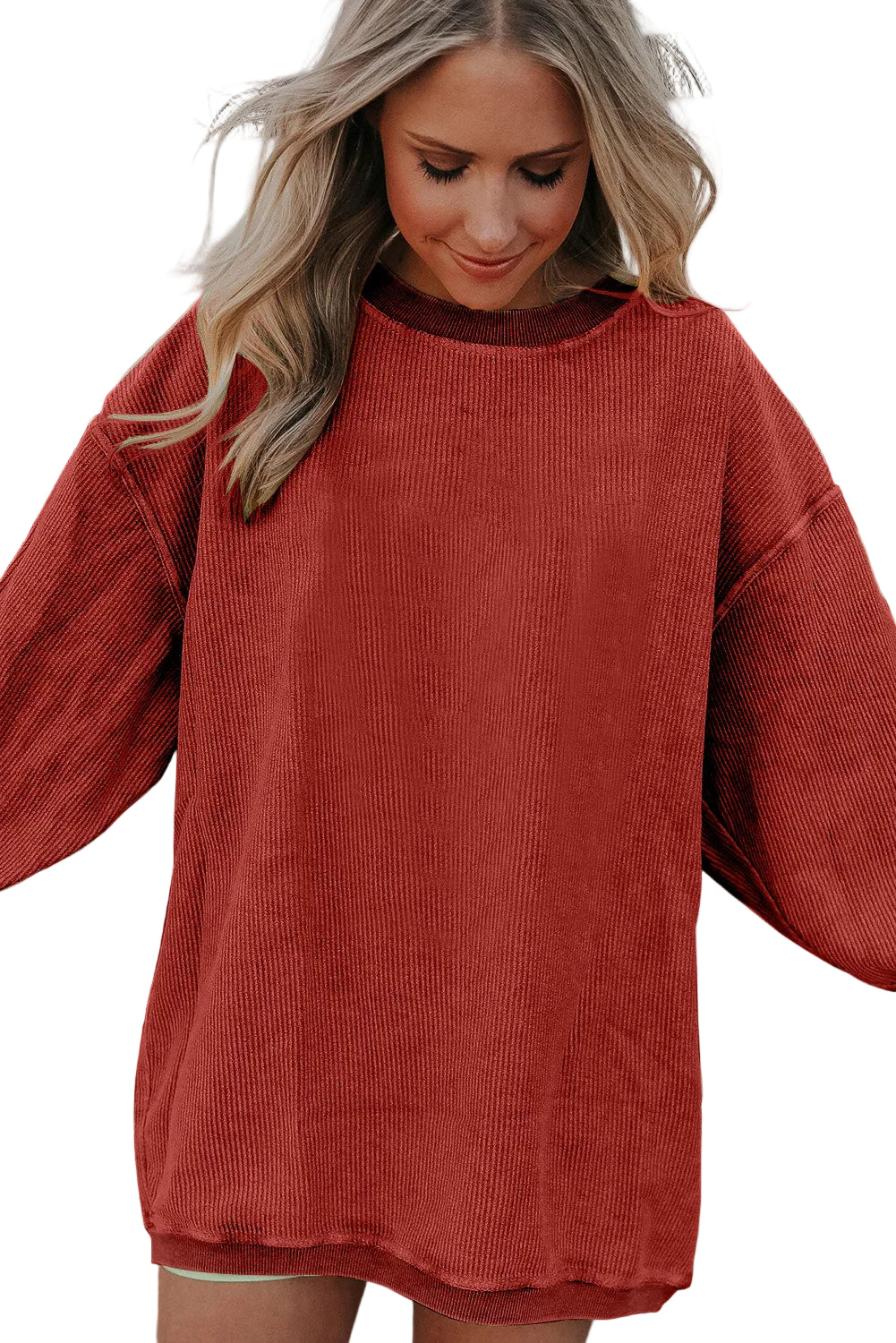 White Ribbed Corduroy Oversized Sweatshirt - Tops/Sweatshirts & Hoodies