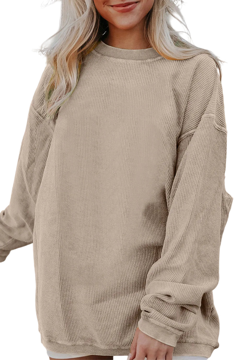 White Ribbed Corduroy Oversized Sweatshirt - SMOKE GRAY / S / 100% POLYESTER - Tops/Sweatshirts & Hoodies