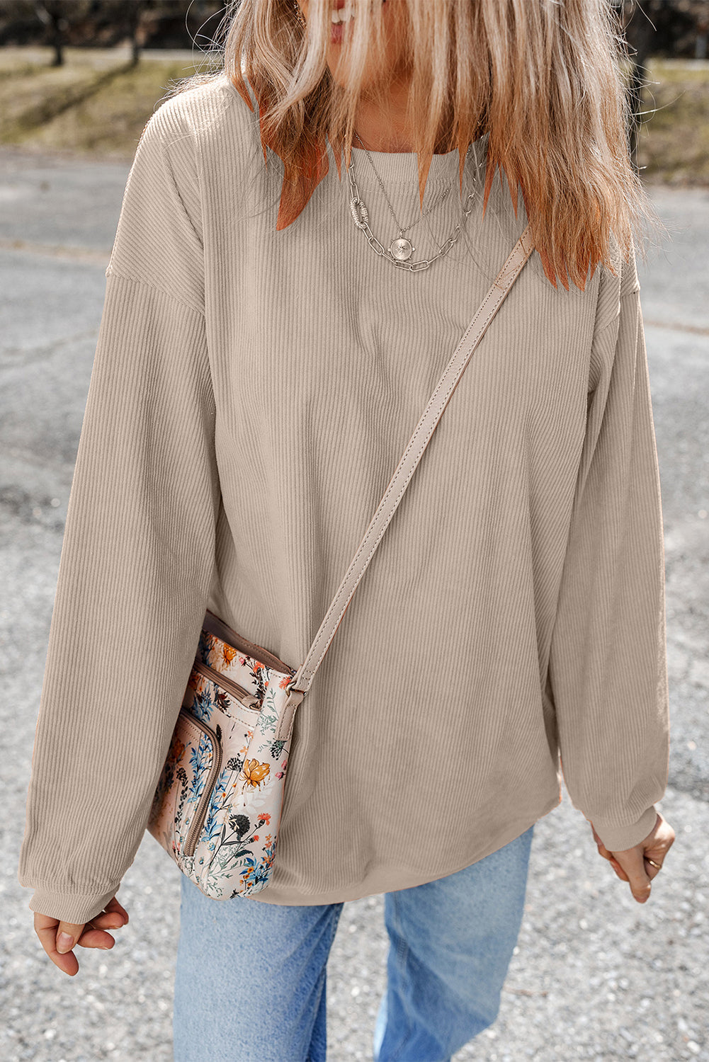 White Ribbed Corduroy Oversized Sweatshirt - Tops/Sweatshirts & Hoodies