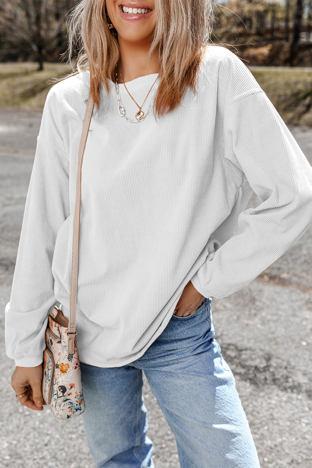 White Ribbed Corduroy Oversized Sweatshirt - Tops/Sweatshirts & Hoodies