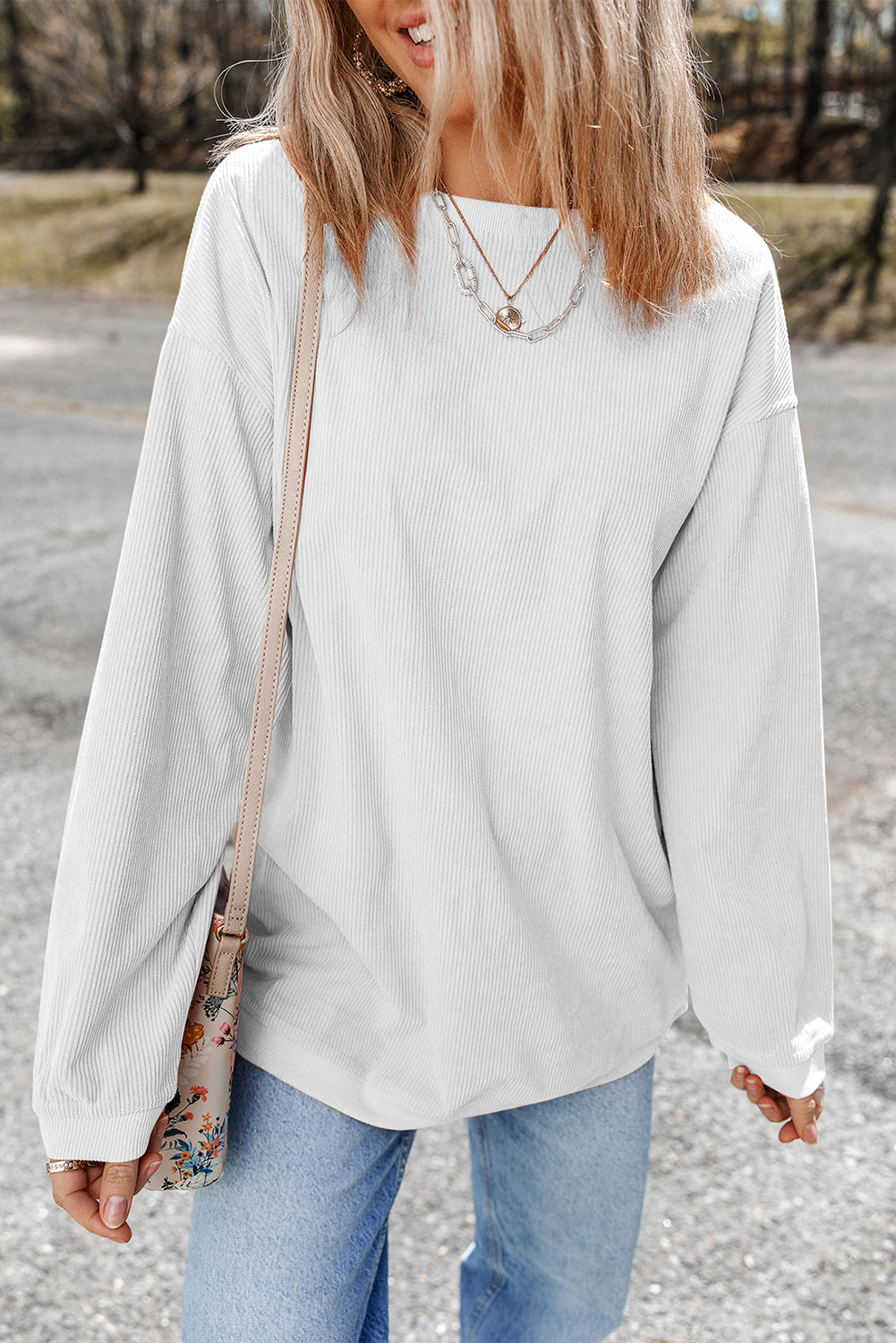 White Ribbed Corduroy Oversized Sweatshirt - Tops/Sweatshirts & Hoodies