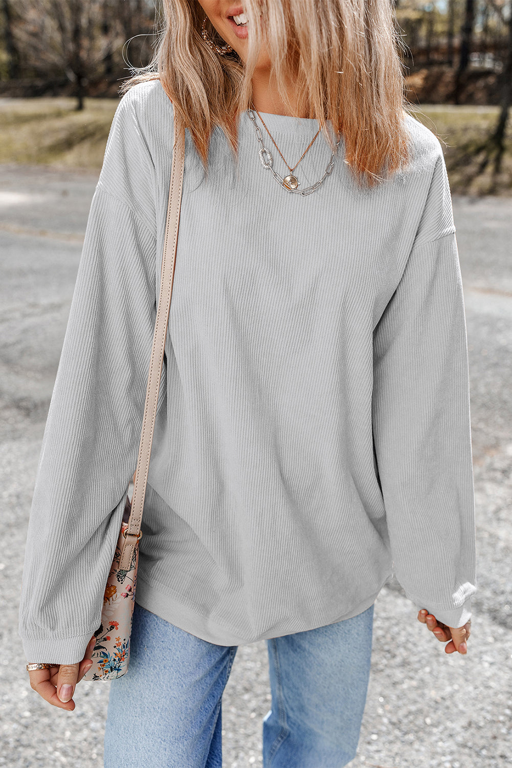 White Ribbed Corduroy Oversized Sweatshirt - Tops/Sweatshirts & Hoodies