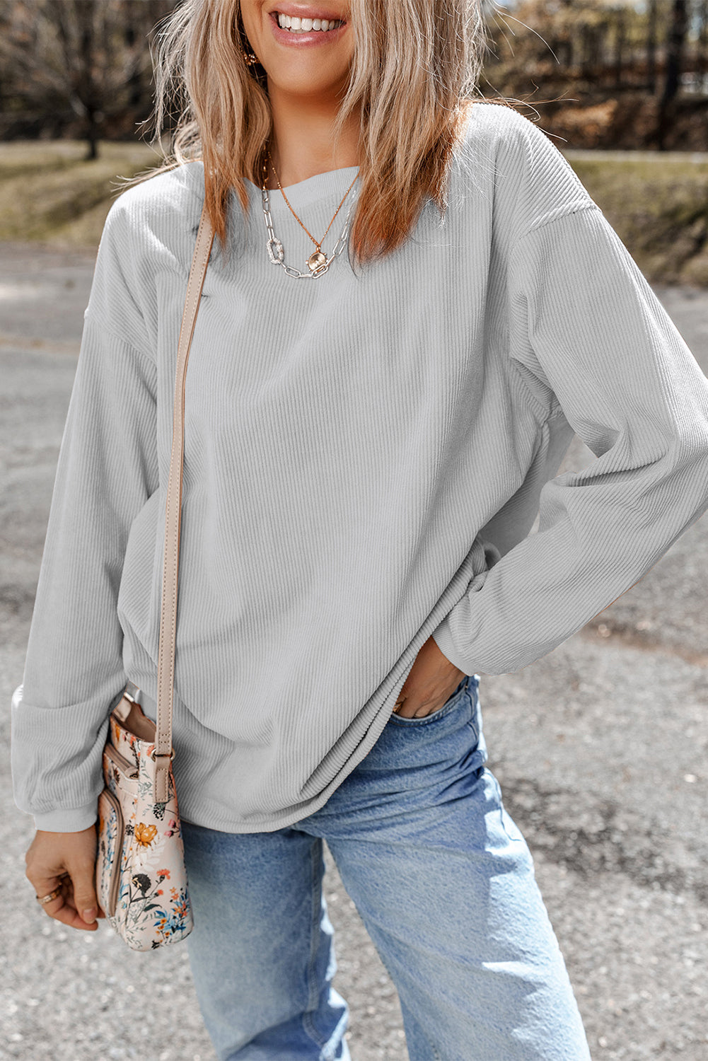 White Ribbed Corduroy Oversized Sweatshirt - Tops/Sweatshirts & Hoodies