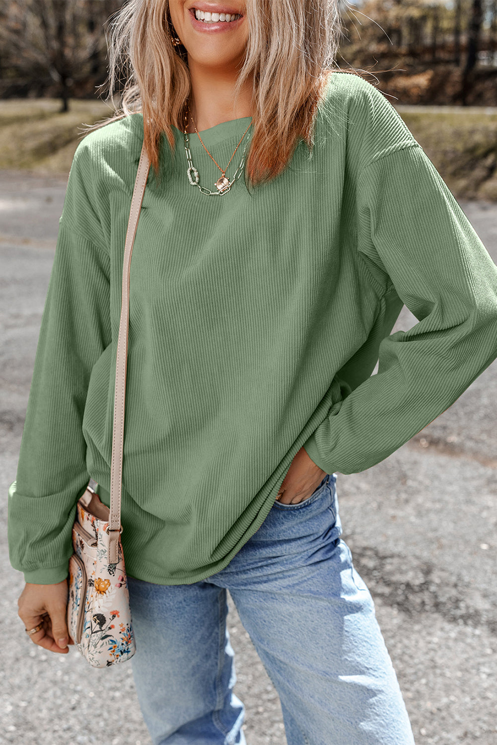 White Ribbed Corduroy Oversized Sweatshirt - Tops/Sweatshirts & Hoodies