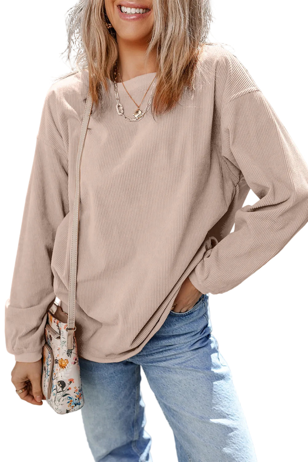 White Ribbed Corduroy Oversized Sweatshirt - Tops/Sweatshirts & Hoodies