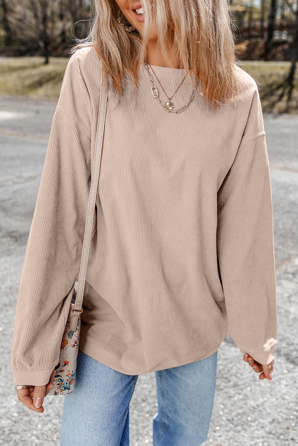 White Ribbed Corduroy Oversized Sweatshirt - Tops/Sweatshirts & Hoodies