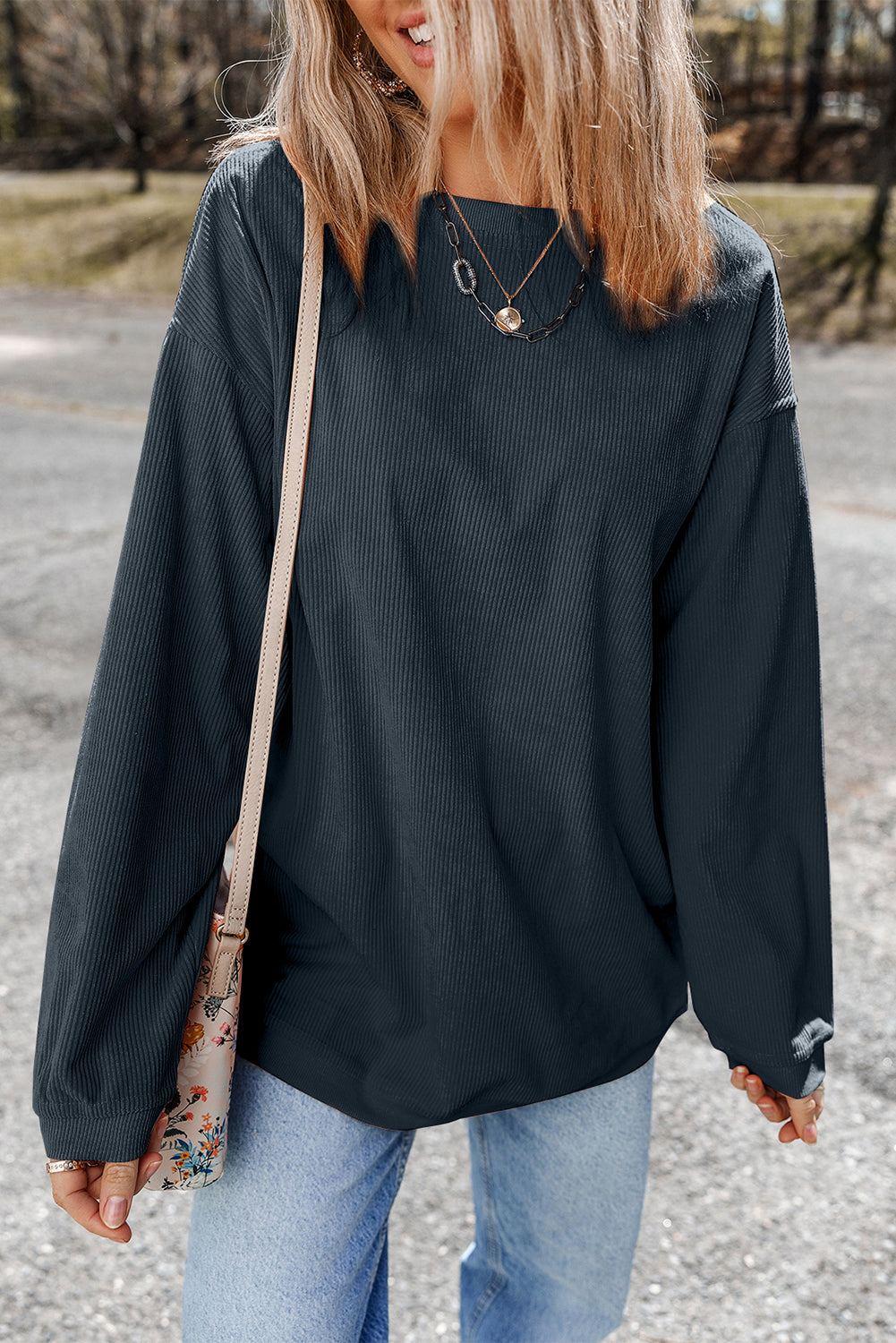 White Ribbed Corduroy Oversized Sweatshirt - Tops/Sweatshirts & Hoodies