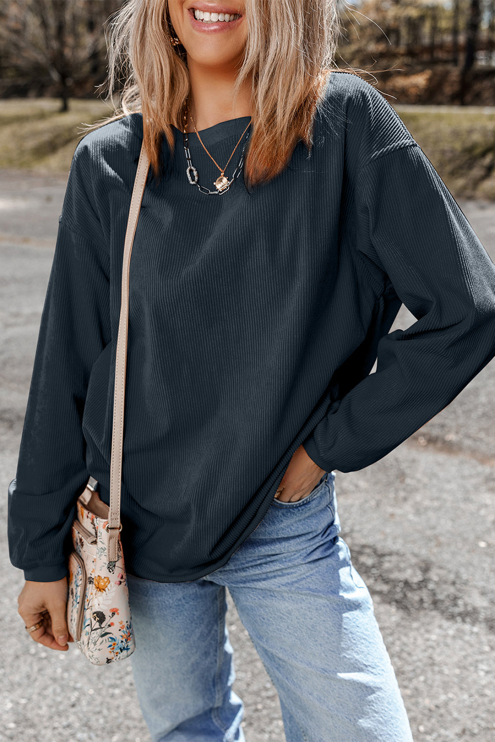 White Ribbed Corduroy Oversized Sweatshirt - Tops/Sweatshirts & Hoodies