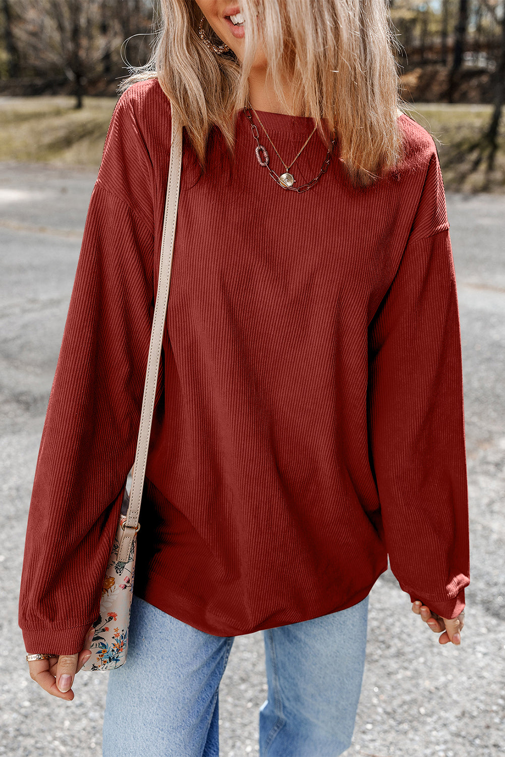 White Ribbed Corduroy Oversized Sweatshirt - Tops/Sweatshirts & Hoodies
