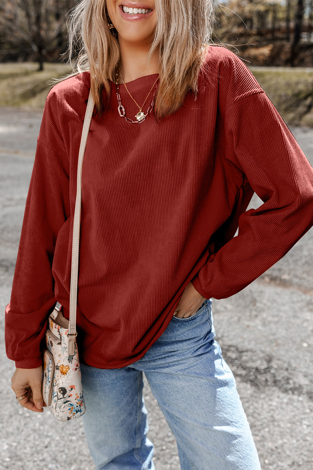 White Ribbed Corduroy Oversized Sweatshirt - Tops/Sweatshirts & Hoodies