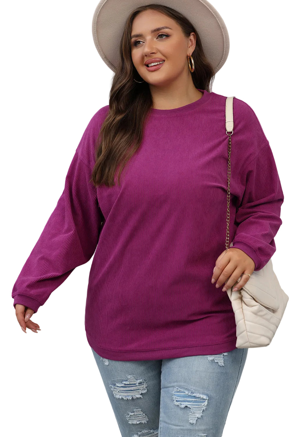 White Ribbed Corduroy Oversized Sweatshirt - Tops/Sweatshirts & Hoodies