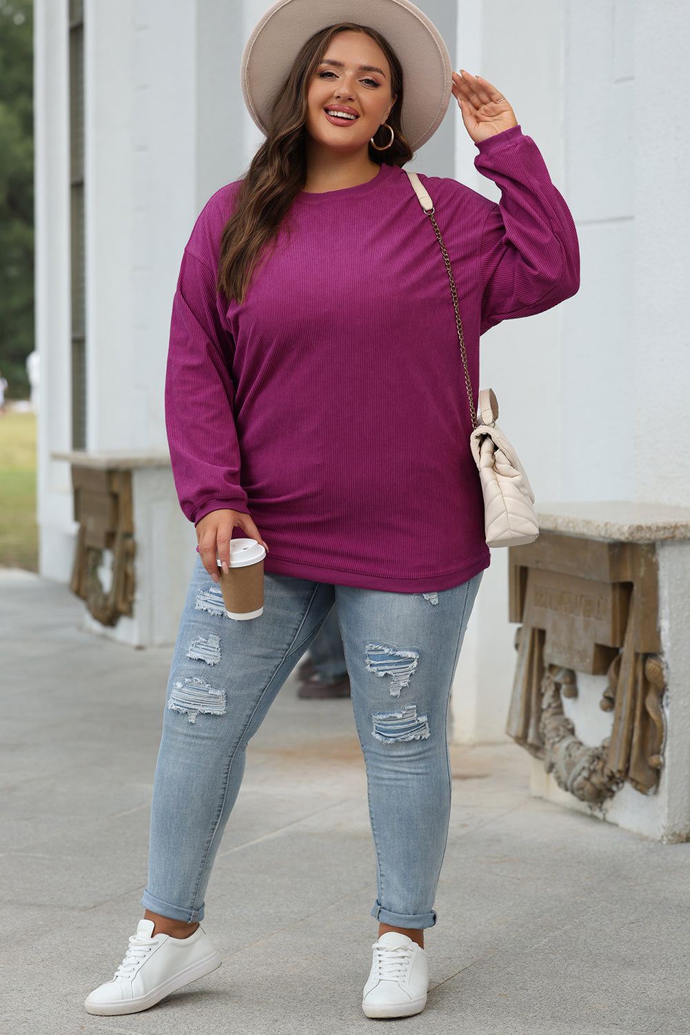 White Ribbed Corduroy Oversized Sweatshirt - Tops/Sweatshirts & Hoodies