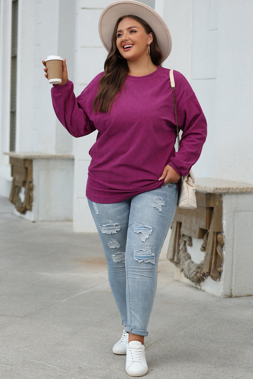 White Ribbed Corduroy Oversized Sweatshirt - Tops/Sweatshirts & Hoodies