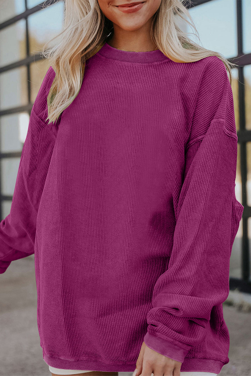 White Ribbed Corduroy Oversized Sweatshirt - Tops/Sweatshirts & Hoodies