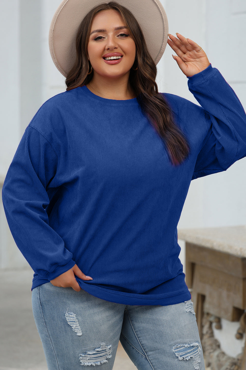 White Ribbed Corduroy Oversized Sweatshirt - Tops/Sweatshirts & Hoodies