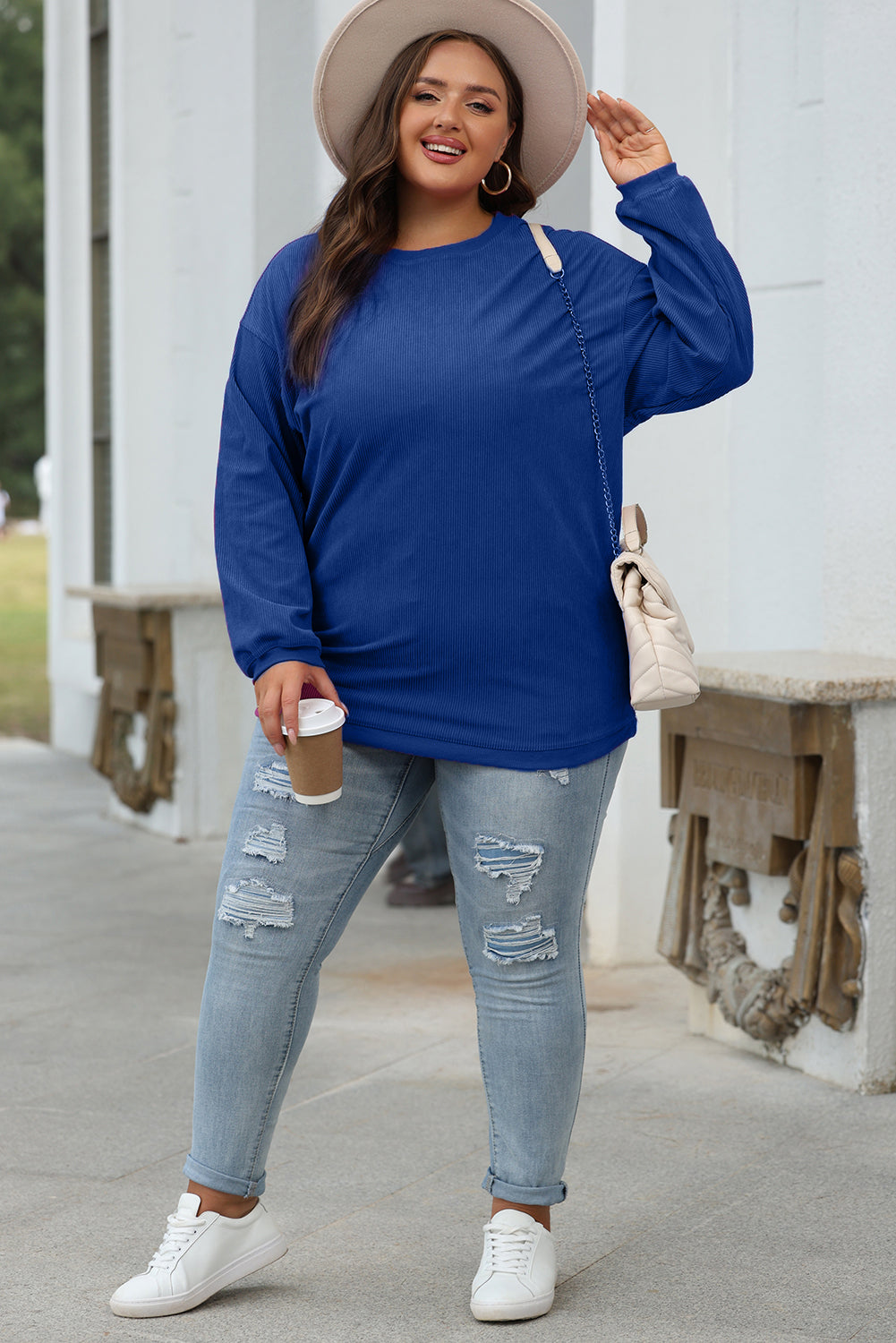 White Ribbed Corduroy Oversized Sweatshirt - Tops/Sweatshirts & Hoodies