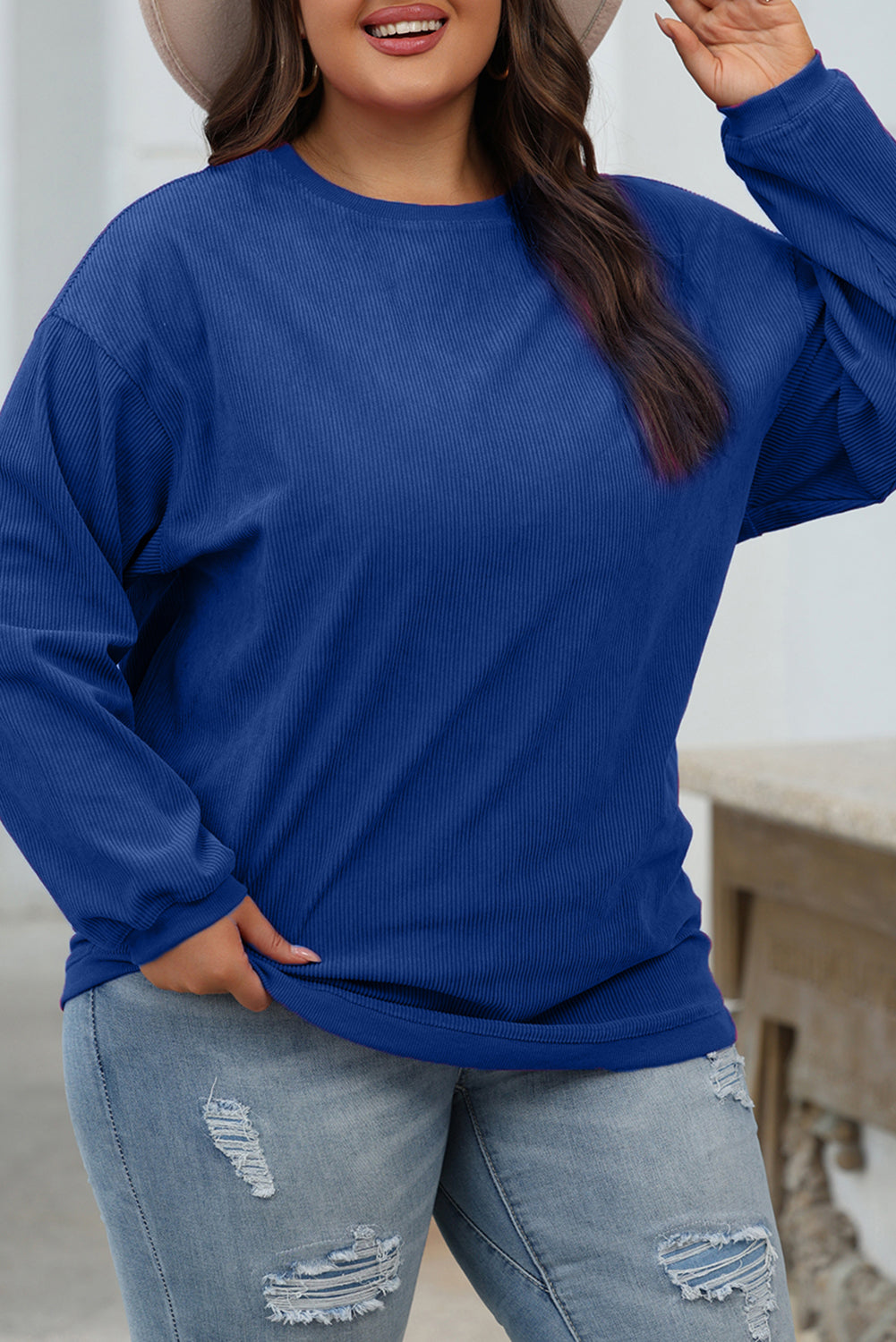 White Ribbed Corduroy Oversized Sweatshirt - Tops/Sweatshirts & Hoodies