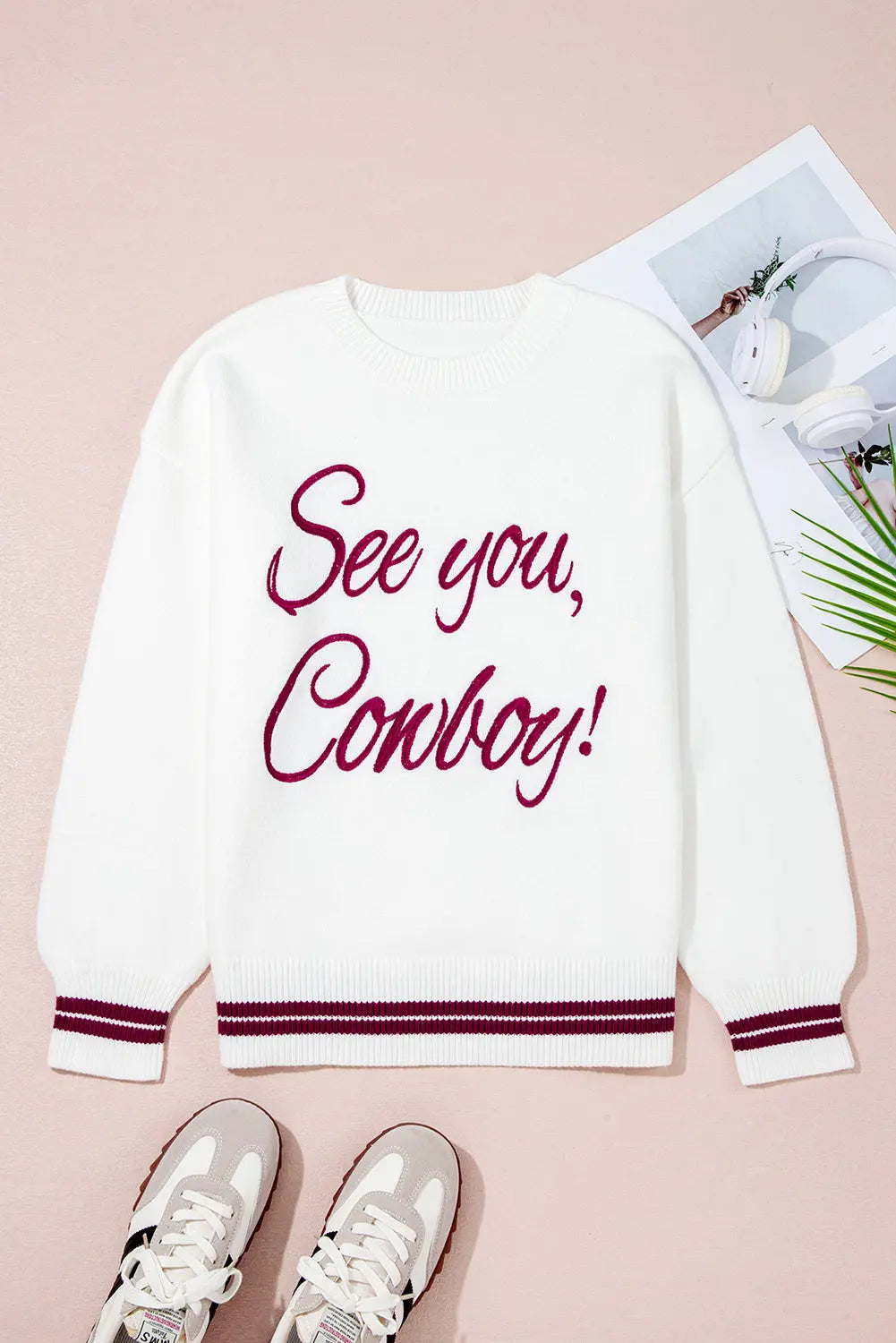 White See You Cowboy Embroidered Western Graphic Sweater - eAura