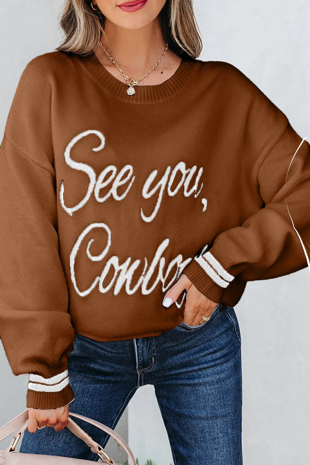 White See You Cowboy Embroidered Western Graphic Sweater - eAura