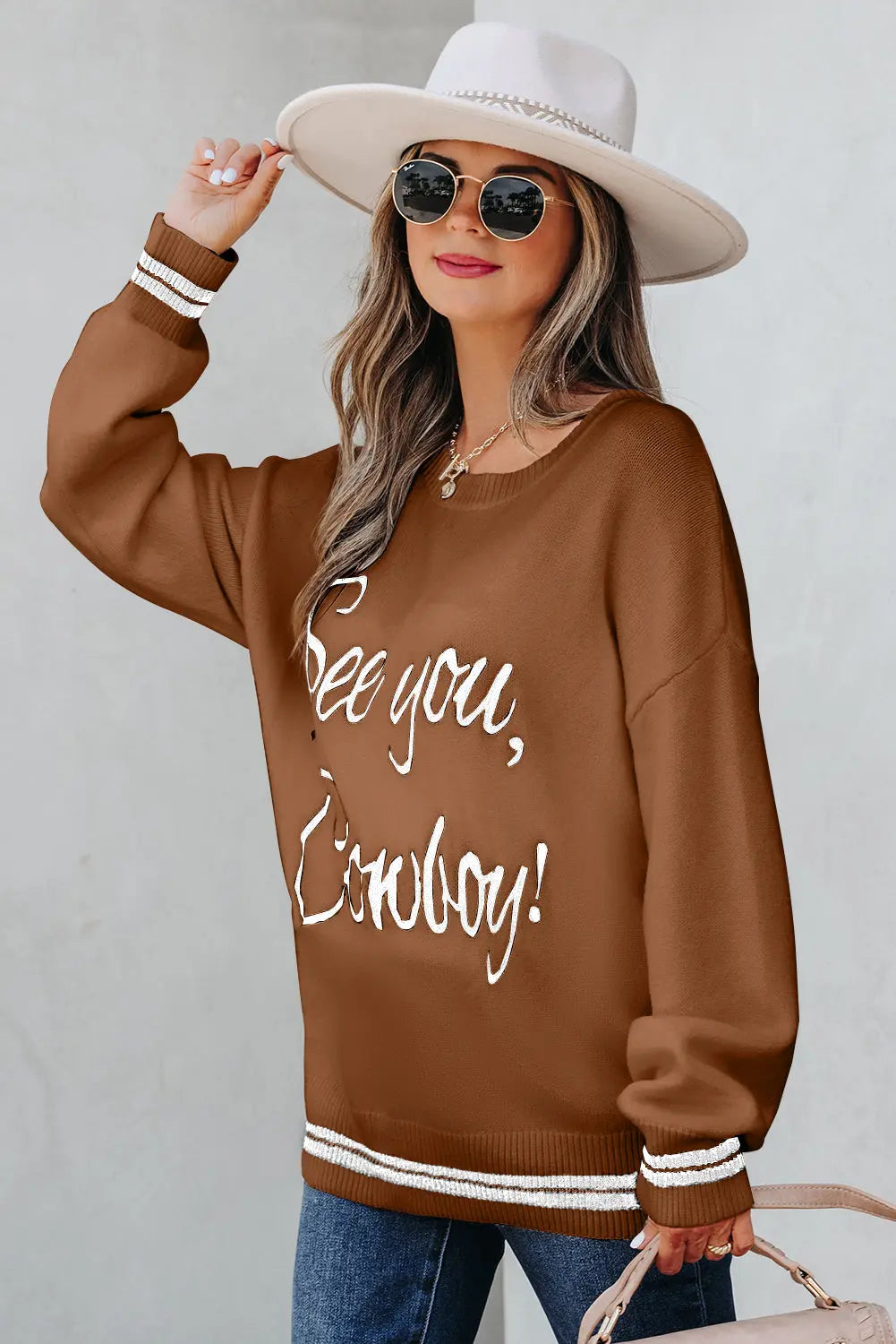 White See You Cowboy Embroidered Western Graphic Sweater - eAura