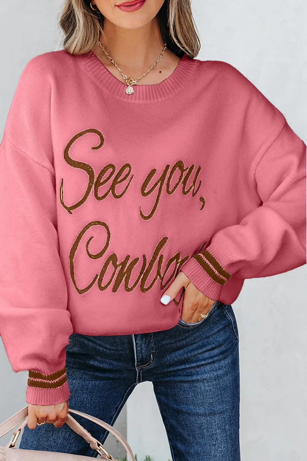 White See You Cowboy Embroidered Western Graphic Sweater - eAura