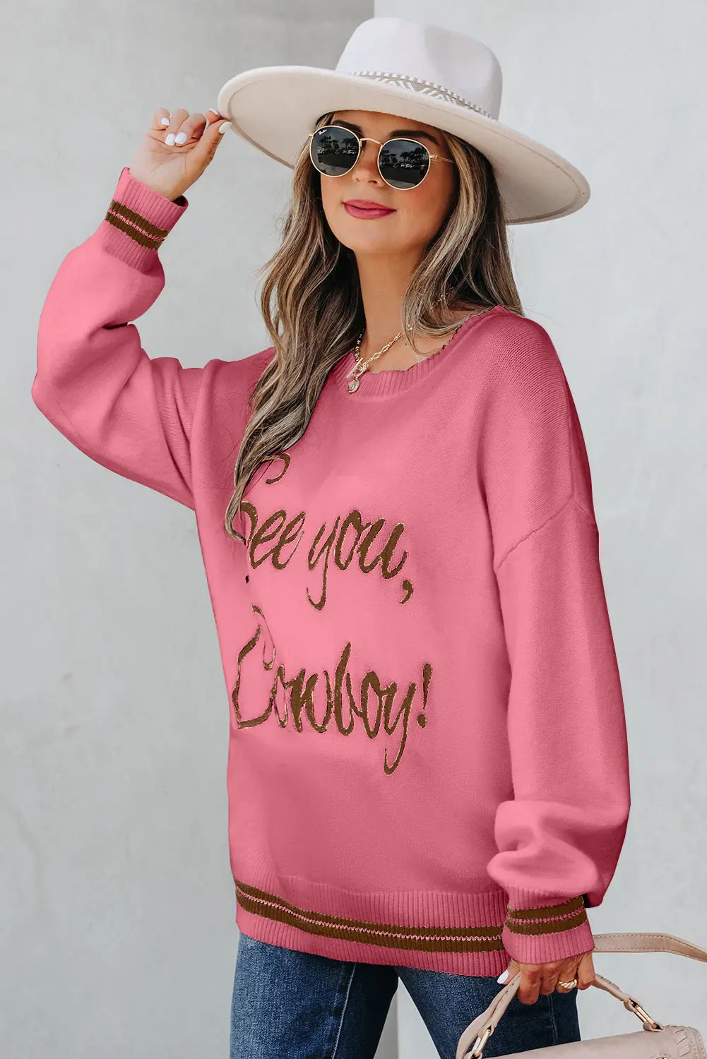 White See You Cowboy Embroidered Western Graphic Sweater - eAura