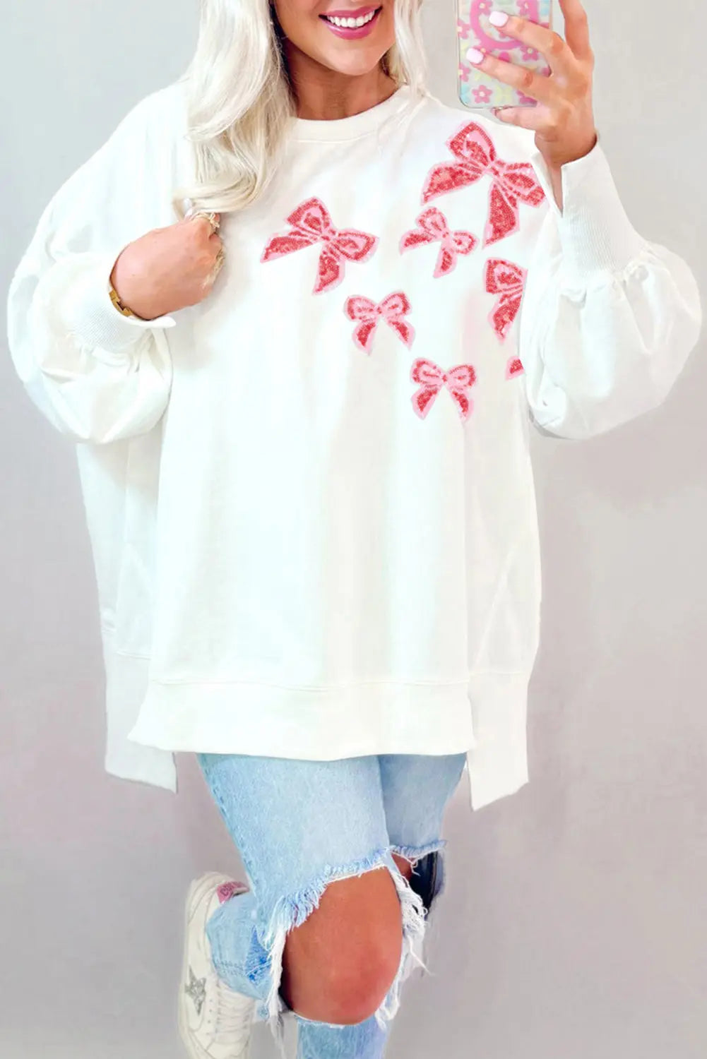 White Sequin Bowknot High Low Oversize Sweatshirt - eAura
