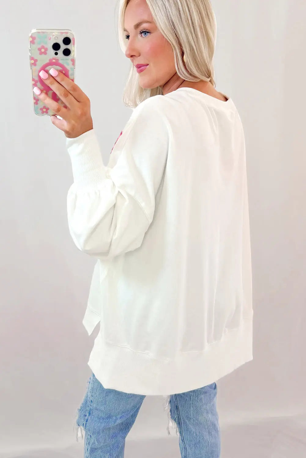 White Sequin Bowknot High Low Oversize Sweatshirt - eAura