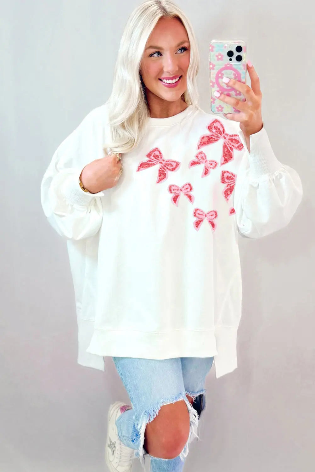 White Sequin Bowknot High Low Oversize Sweatshirt - eAura