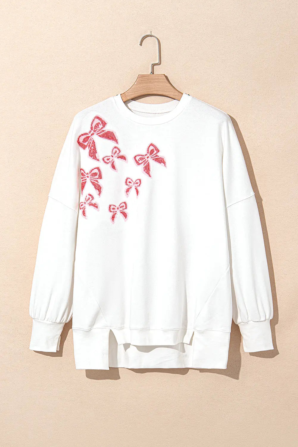 White Sequin Bowknot High Low Oversize Sweatshirt - eAura