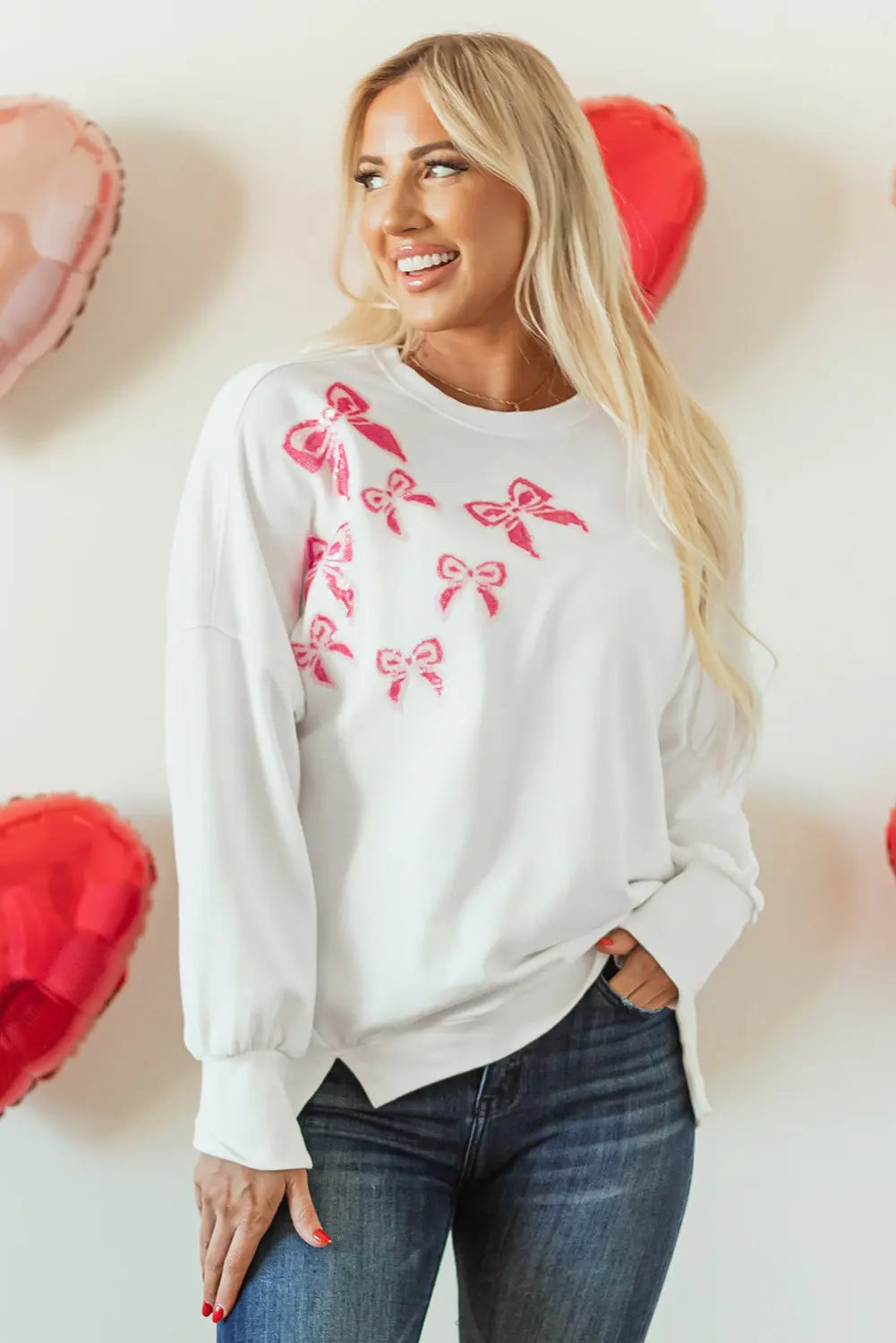 White Sequin Bowknot High Low Oversize Sweatshirt - eAura