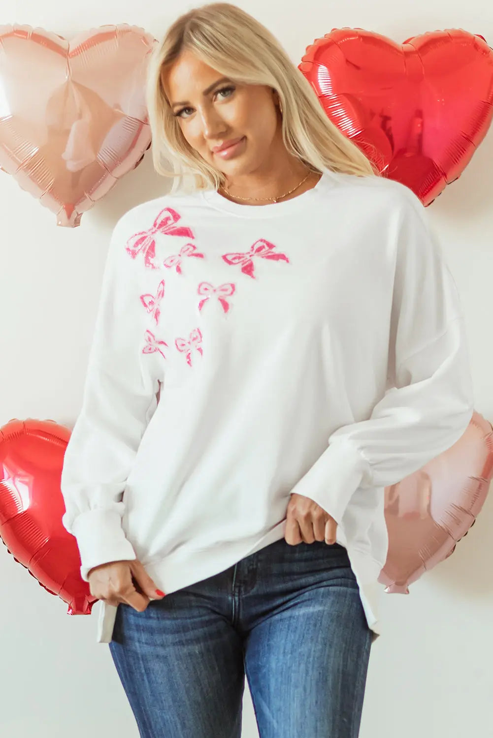 White Sequin Bowknot High Low Oversize Sweatshirt - eAura