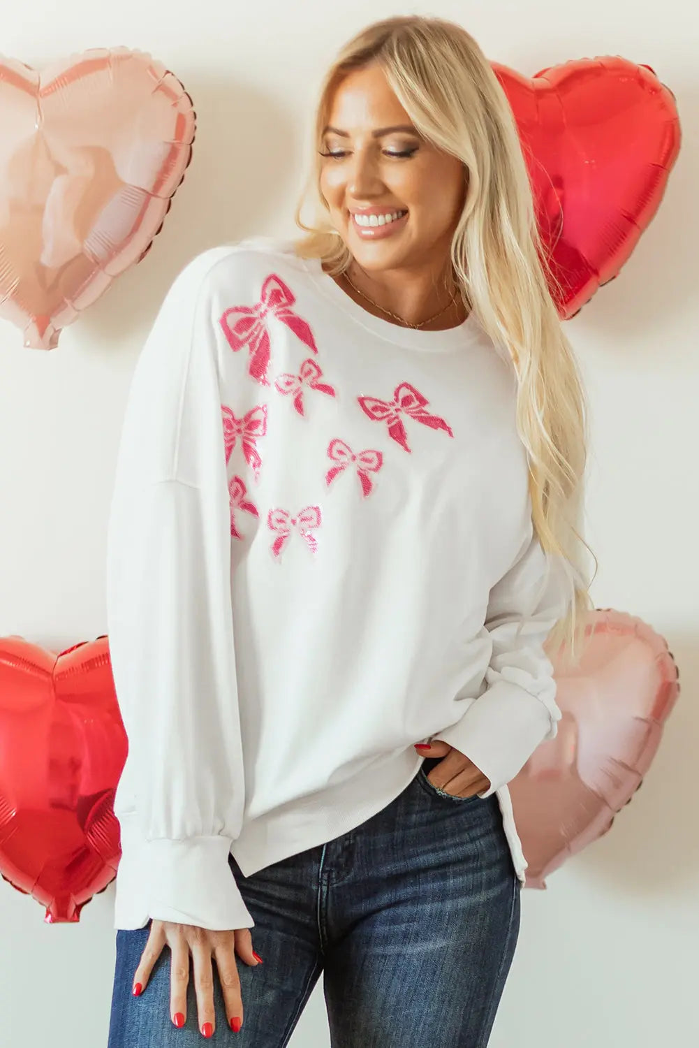 White Sequin Bowknot High Low Oversize Sweatshirt - eAura
