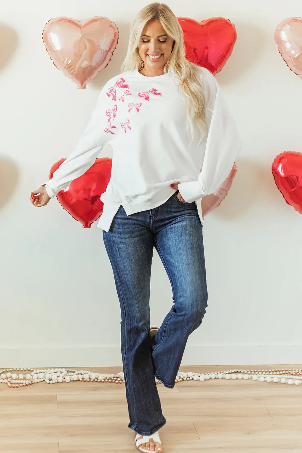 White Sequin Bowknot High Low Oversize Sweatshirt - eAura