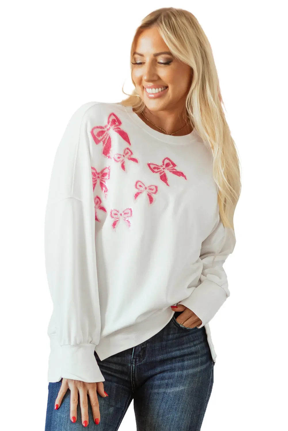 White Sequin Bowknot High Low Oversize Sweatshirt - eAura