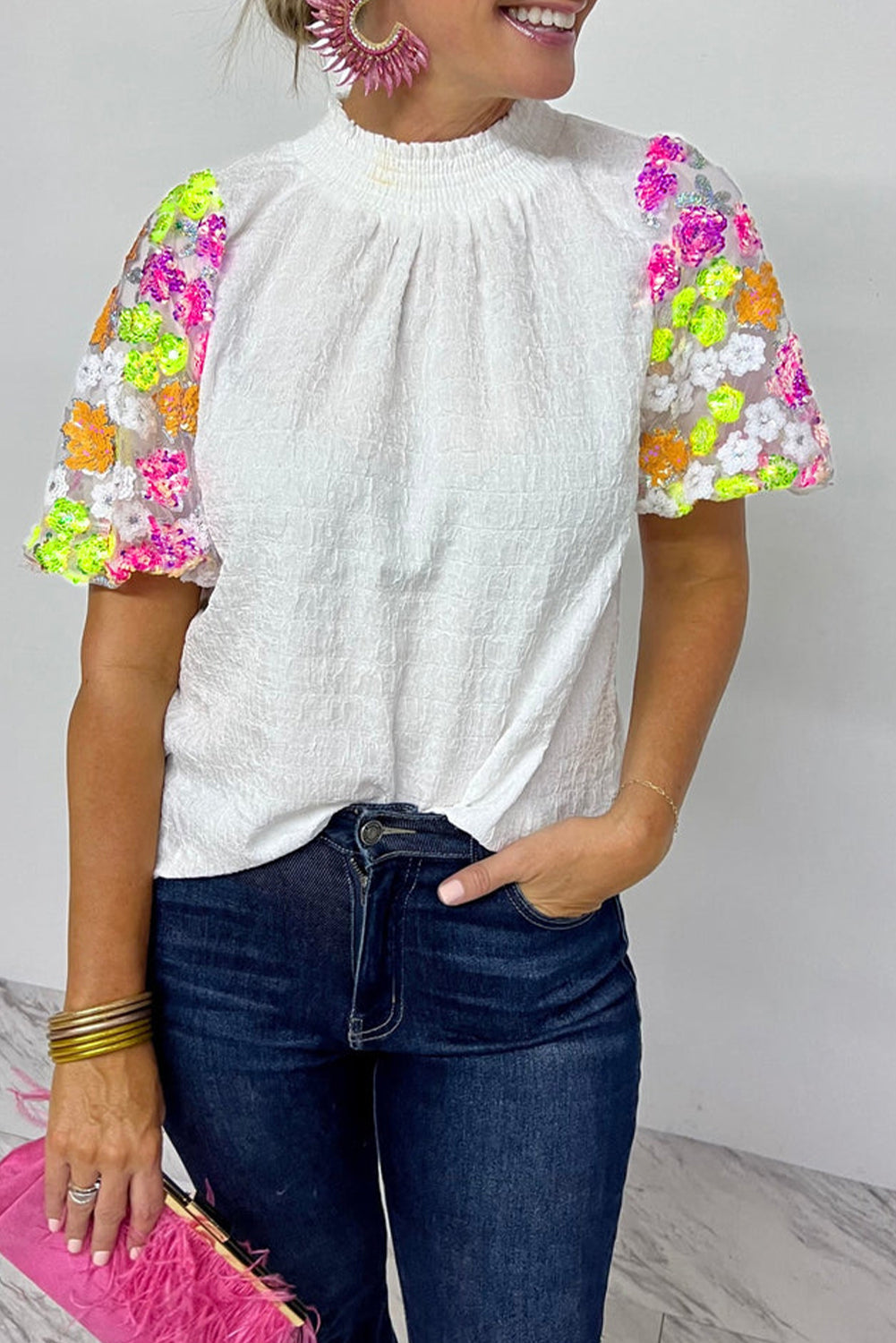 White Smocked Collar Sequin Flower Puff Sleeve Textured Top - eAura