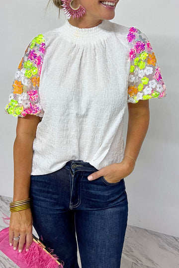 White Smocked Collar Sequin Flower Puff Sleeve Textured Top - eAura